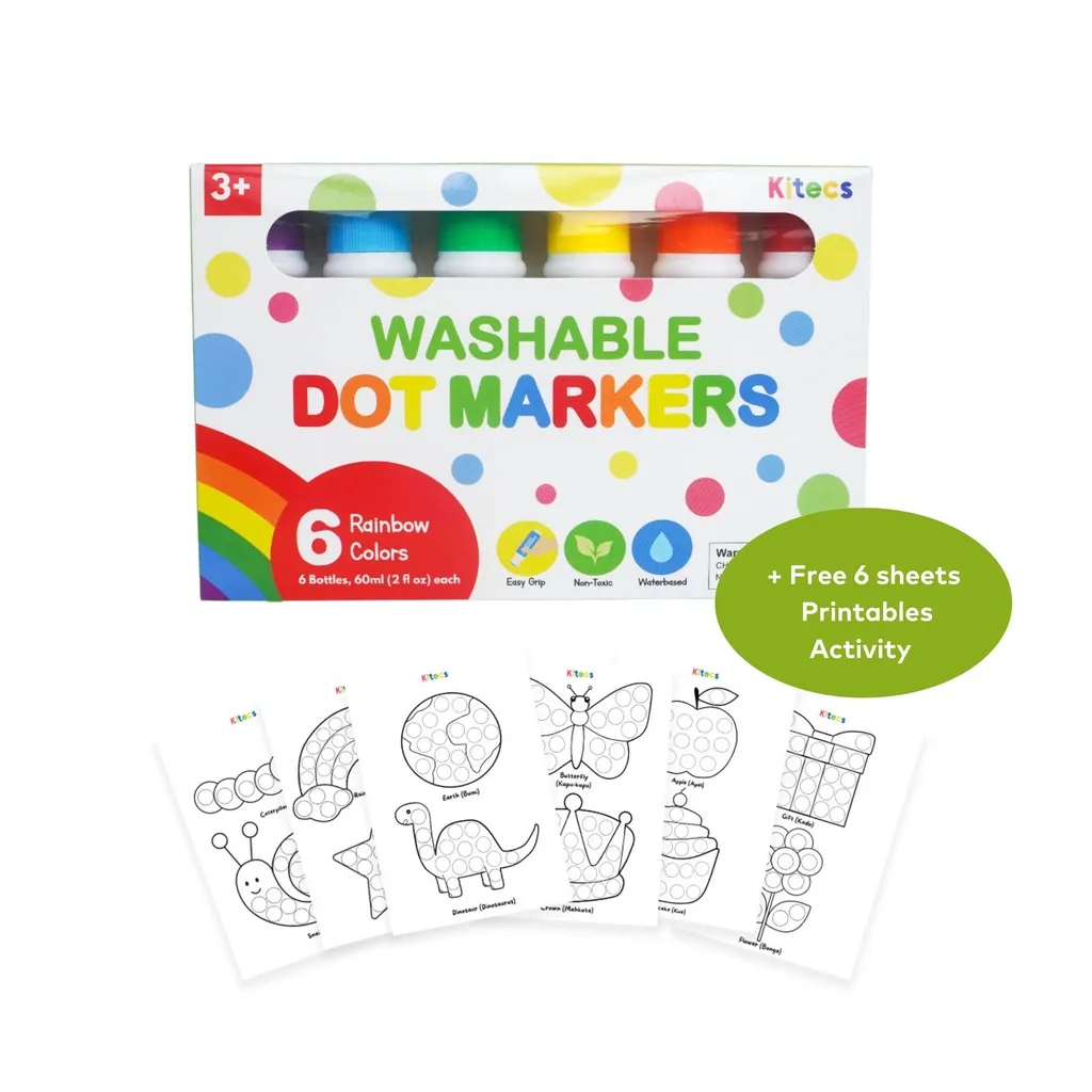 Kitecs - Dot Marker Washable Jumbo, Coloring Painting Drawing Non Toxic, Spidol Anak Bulat Jumbo Aktivitas Mewarnai [Free Printable]