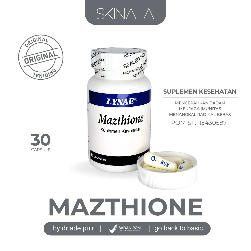 Mazthione Glutathione Lynae KEMASAN 30 Kapsul Gluta Mencerahkan Kulit suplemen whitening antioksidan menunda jerawat Original 100%