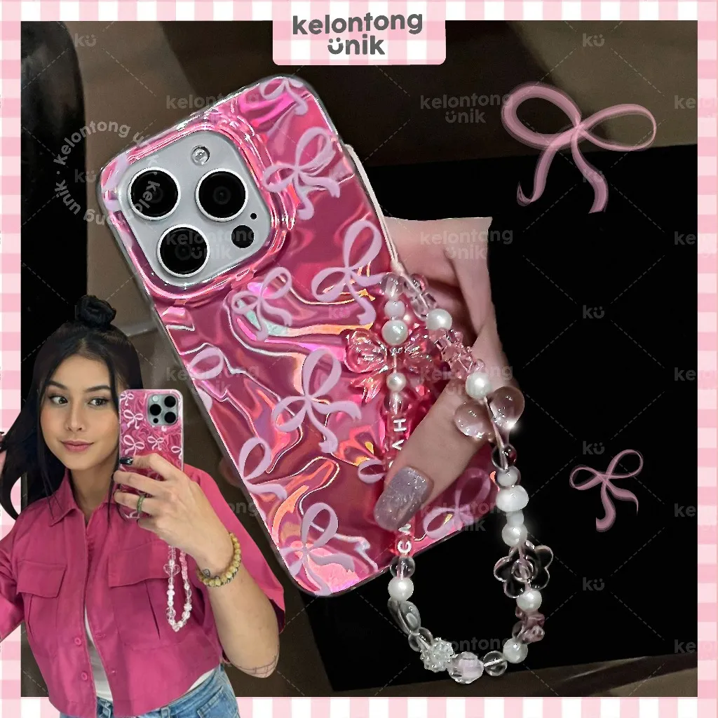 KELONTONG UNIK | Pink Coquette Ribbon Holographic Case - Hardcase/ Casing HP for iPhone X XS XR XSMAX 11 12 13 14 15 16 PRO PROMAX PLUS ,CIHN