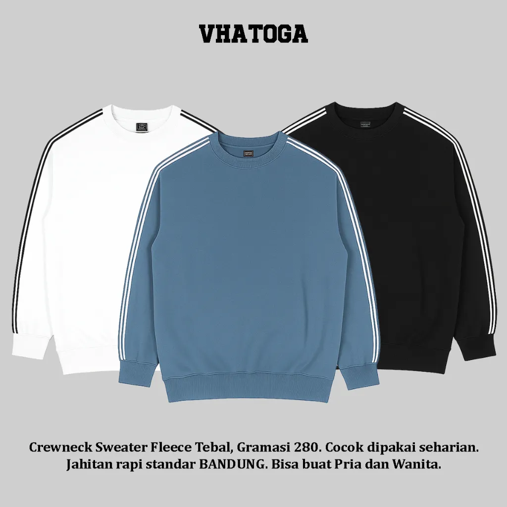 VHATOGA - Sweater Crewneck | Garis Dua | Pollet 2 | Fleece Tebal