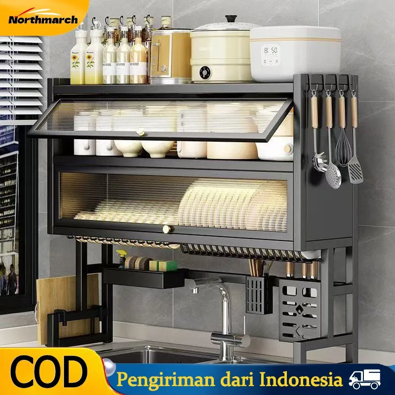 Northmarch Rak Piring Wastafel Dapur Stainless Steel Multi-fungsi Dengan Penutup Rak Piring Tertutup