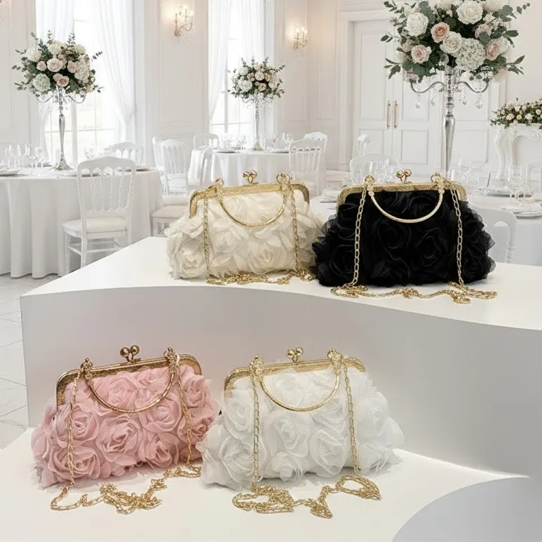 G3224 ROSE CLUTCH BAG TAS PESTA WANITA BUNGA MAWAR DENGAN AKSEN RANTAI PANJANG TAS PENGANTIN EVENING BAG