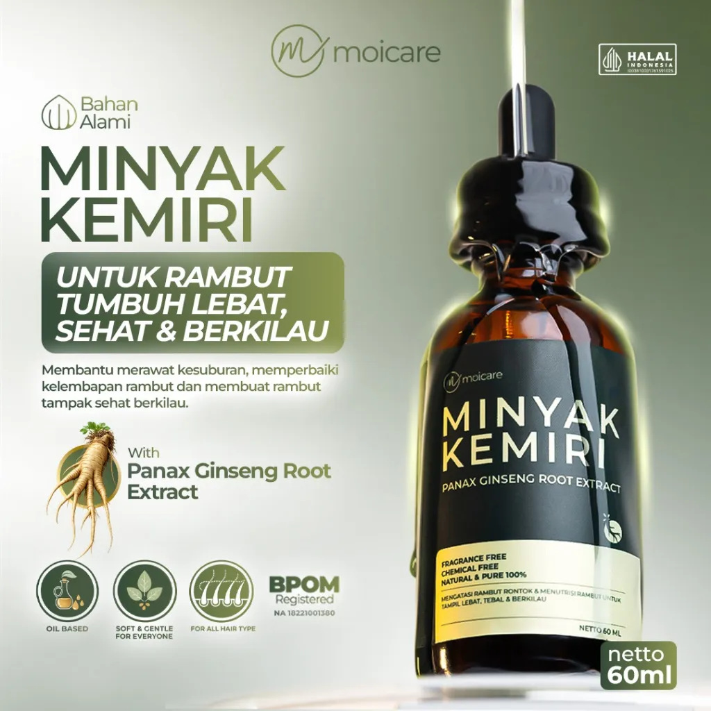 Moicare Minyak Kemiri Extract Ginseng Penumbuh Penebal Rambut Rontok Botak | Minyak kemiri 100% | minyak kemiri dan ekstrak ginseng | minyak penumbuh rambut | minyak anti rontok | kemiri BPOM