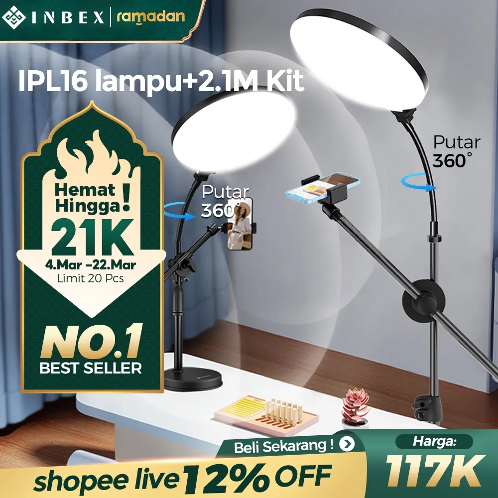 [Putar 360°]  INBEX IPL16 Light Bisa diputar 360° Tripod konten kreator ring light 12Inci 8Inci Lampu 3 Warna Bulat Panel Besar Lampu Video Livestreaming Studio