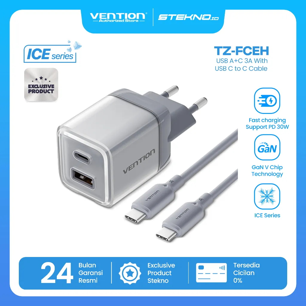 Vention 30W GaN Charger ICE Series with Kabel USB-C to USB-C 3A Fast Charging PD QC Dual Port