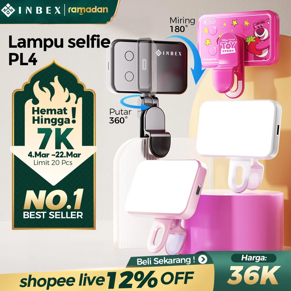 [25%OFF-Atur 360°] INBEX PL4 PRO MINI Lighting konten kecerahan 3000Lux 3 Warna + tahan 2 jam x Lotso Disney  Lampu selfie untuk Kecantikan dan Penggunaan