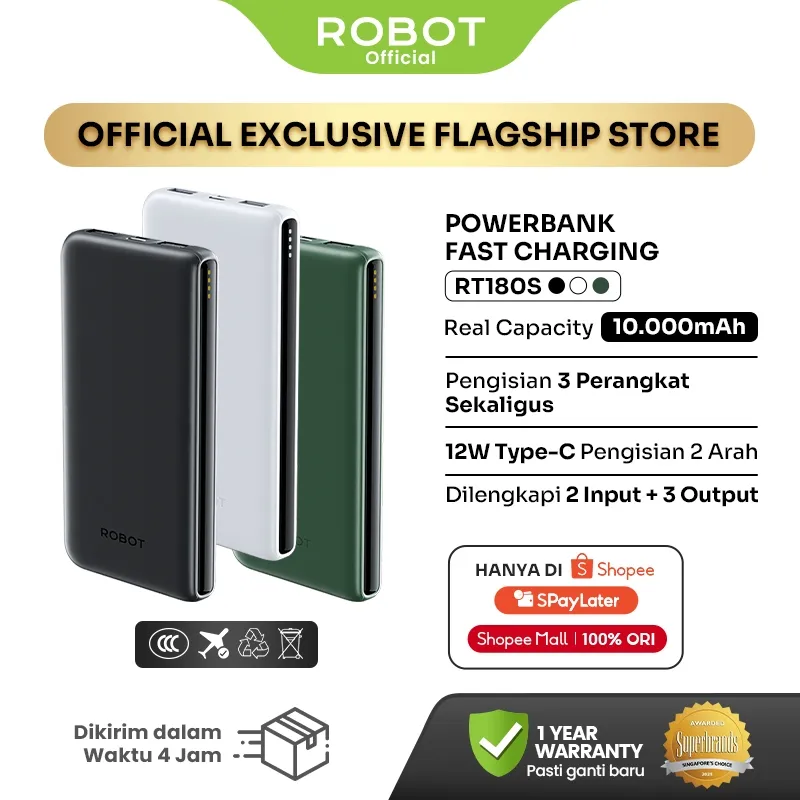 ROBOT Power Bank RT12 RT180S 10000mAh - 3 Output, Dual Input Type-C & Micro, Fast Charging 12W, Slim & Ringan - Garansi Resmi 1 Tahun