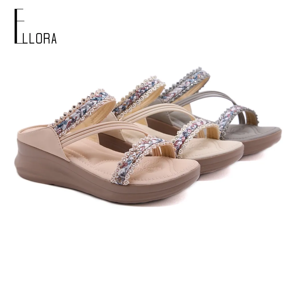 ELLORA EB330-04 Sandal Wedges Wanita Import Tanpa Tali 5cm