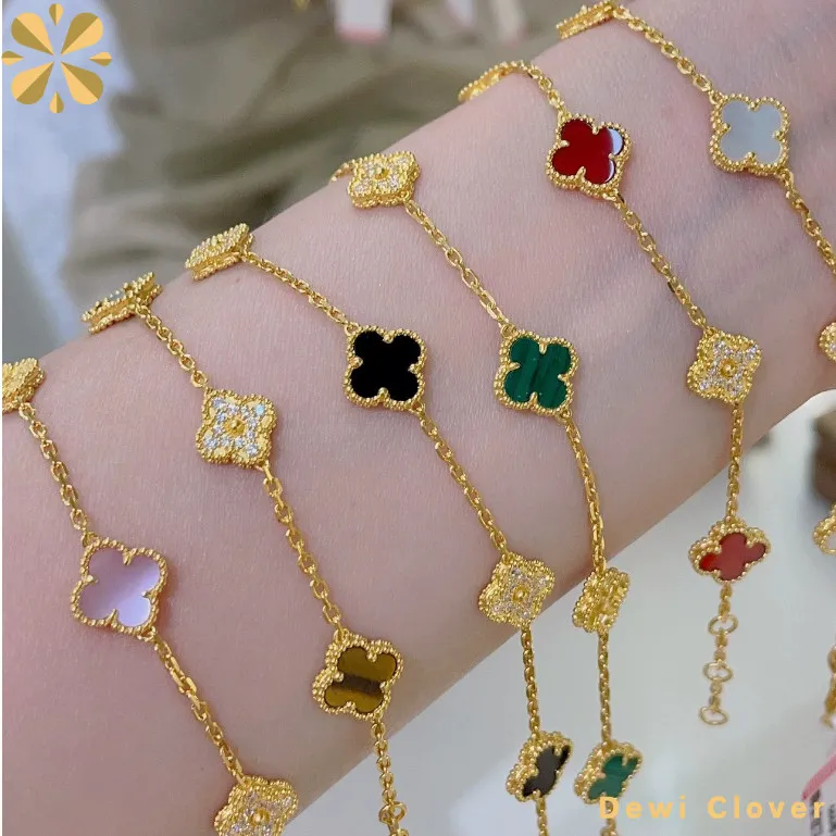 Gelang Wanita Titanium | Rantai Mata Hitam & Clover 5 Baris | Varian Berlian