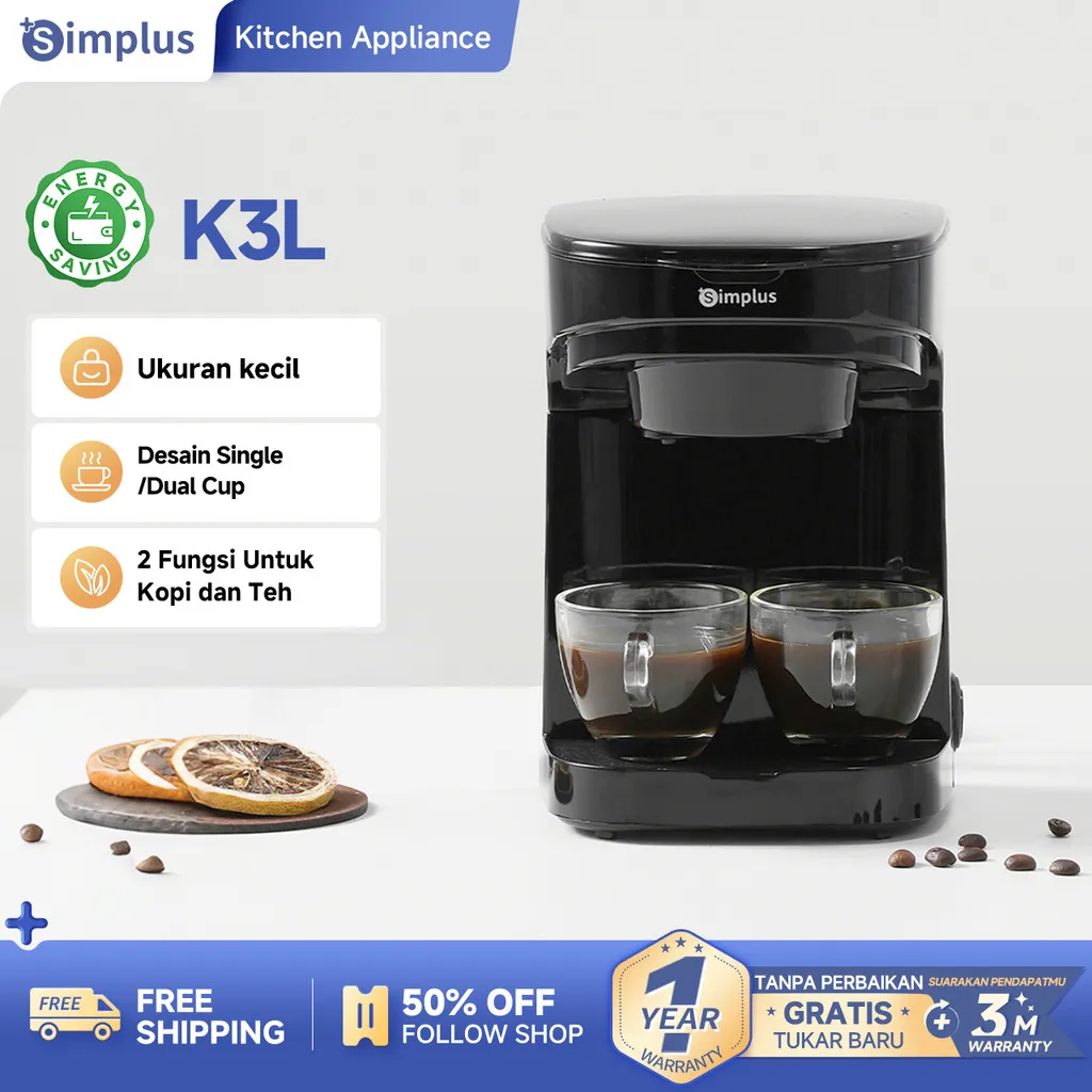 Simplus Mesin Kopi Rumahan Mesin Kopi Filter Satu Tombol Dual Cups Coffee Maker
