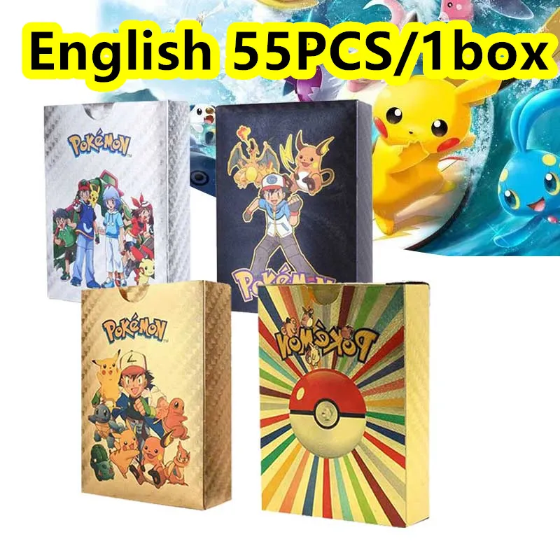Kartu Pokemon Cards 55PCS 1 box Original Gold Emas Hitam Langka Charizard Pikachu Langka Bahan Metal Untuk Anak