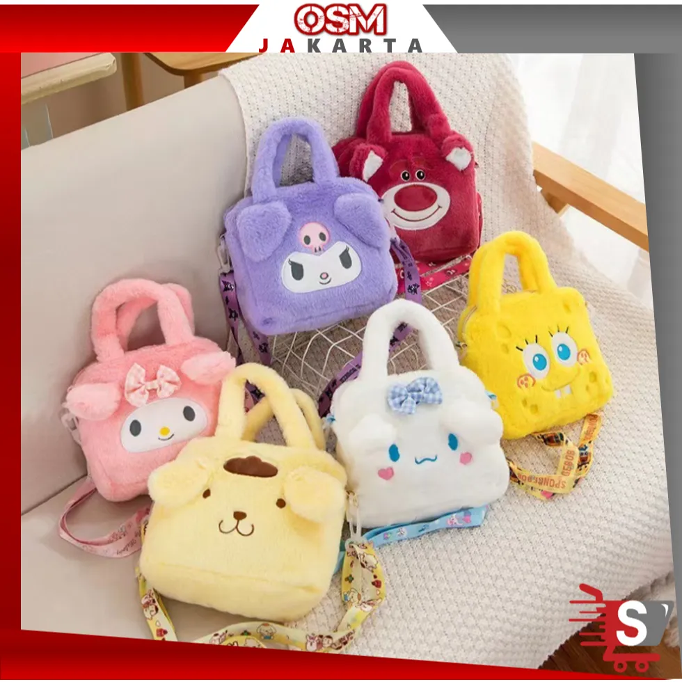 OSM JKT T6263 Tas Selempang Bahan Bulu Halus / Shoulder Bag Motif Karakter Lucu / Tas Pinggang Anak Perempuan / Cute Hand Bag Bulu