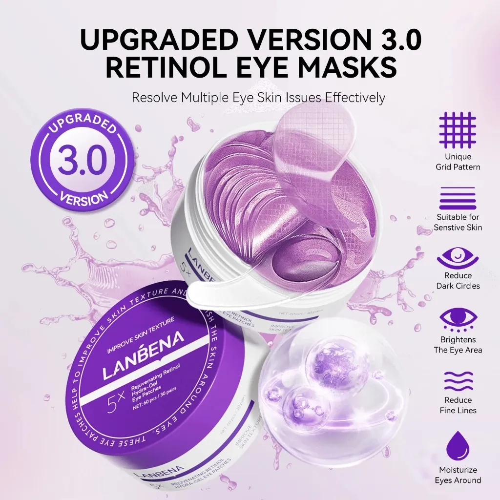 LANBENA Masker Mata Revitalizing Retinol Luxury Eye Mask Grid Version 60pcs - Menghidrasi dan Meremajakan Mata dengan Formulasi Retinol yang Menutrisi