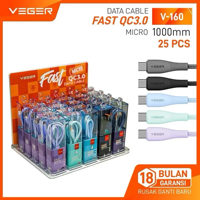 Kabel Data Veger V-160 MICRO USB / V-170 TYPE C / V-180 LIGHTNING USB fast charger QC 3.0A 100cm ORIGINAL GARANSI RESMI