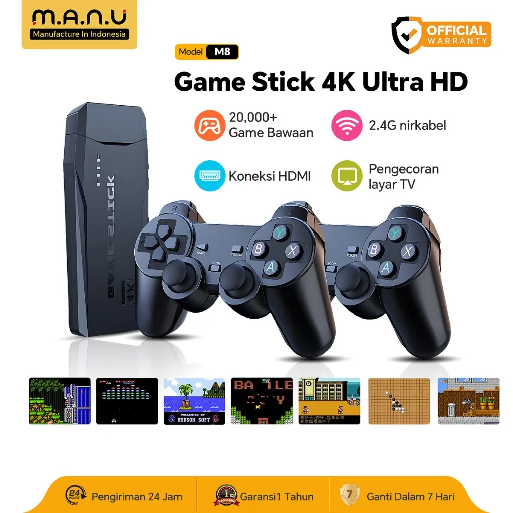 Manu Game Stick M8 Permainan Konsol Konsol Game 4K HDMI 64GB | | 20000+ Game Bawaan | 2 Joystick Wireless | Support TV Proyektor & Multi Emulator Hadiah untuk Keluarga