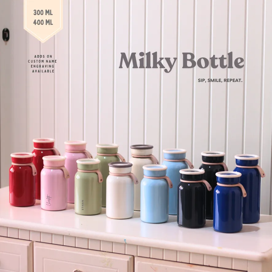 Milky Bottle 300 ml 400 ml Custom Grafir Nama Organicenter Botol Air Minum Vacuum Insulated 304 Stainless Steel  Engrave Double Walled Insulation Souvenir Kado Termos Anak Tahan Panas Dingin Portable Susu  BPA Free Carry On Water Bottle Flask Thermos