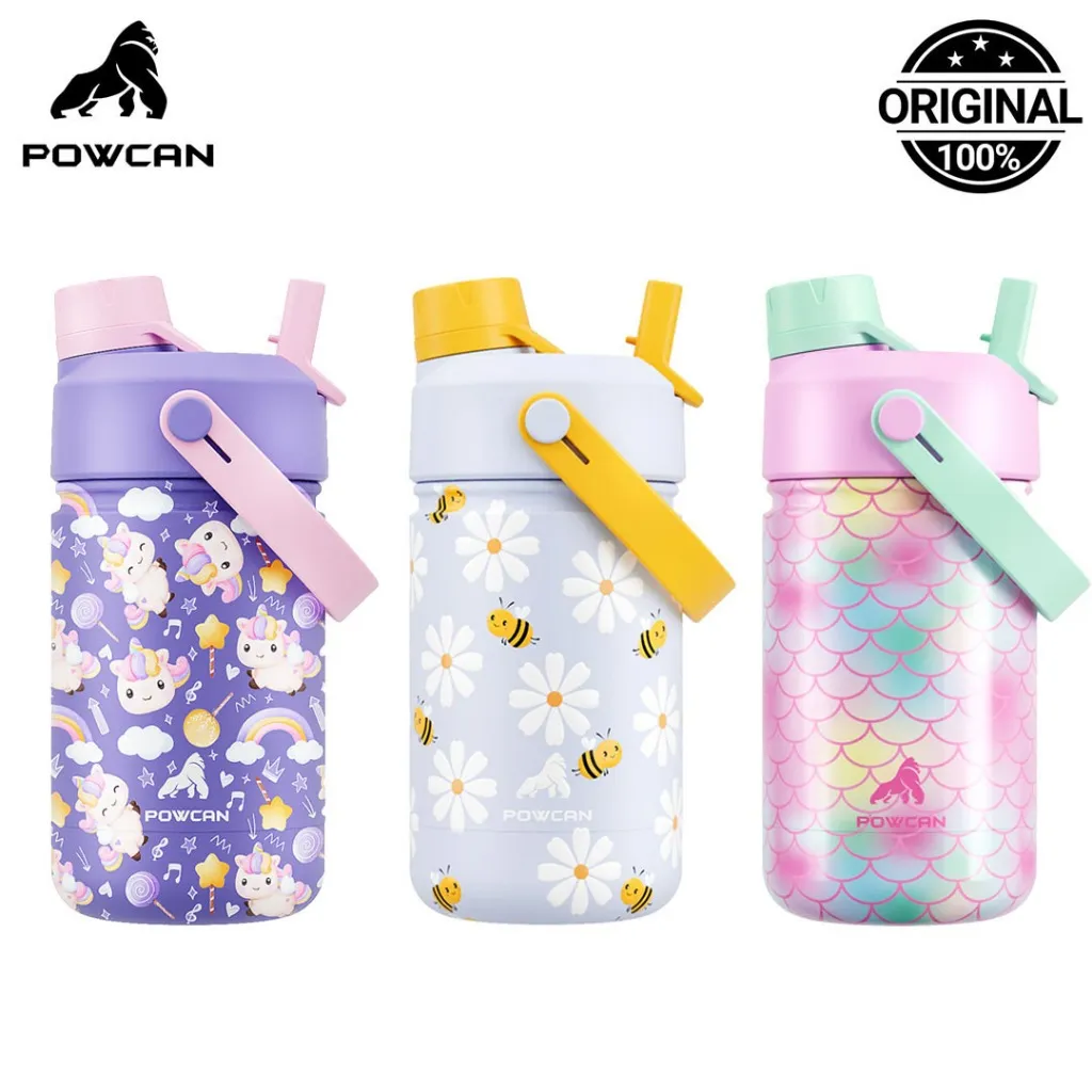 POWCAN 12oz (350ml),Gelas termos lucu untuk anak-anak, botol minum panas dingin stainless steel 304, dilengkapi dengan dua cara minum: sedotan dan mulut botol langsung,gelas air anti bocor