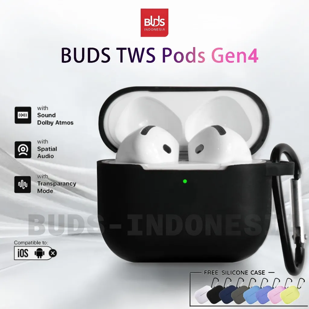 BUDS TWS Pods Gen4 Earphone Bluetooth Headset Bluetooth Wireless Earbuds Super Bass dengan Audio Spatial & Dolby Atmos Surround Sound + Free Premium Silicone Softcas