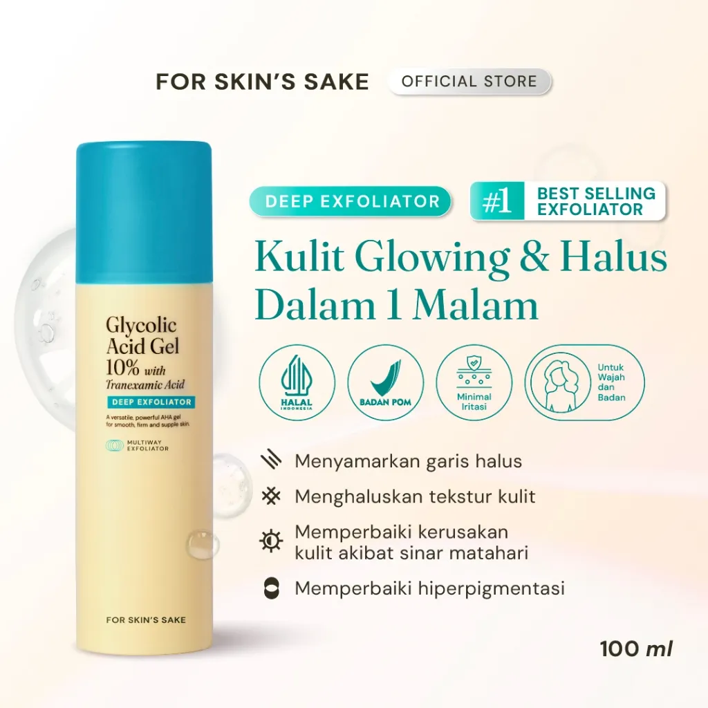For Skin's Sake FSS Glycolic Acid Gel 10% with Tranexamic Acid Exfoliating and Multiway Toner AHA Serum AHA Masker AHA 3in1 AHA Treatment Peeling Serum Gel Mengurangi Garis Halus dan Kerutan Exfoliating and Brightening Overnight