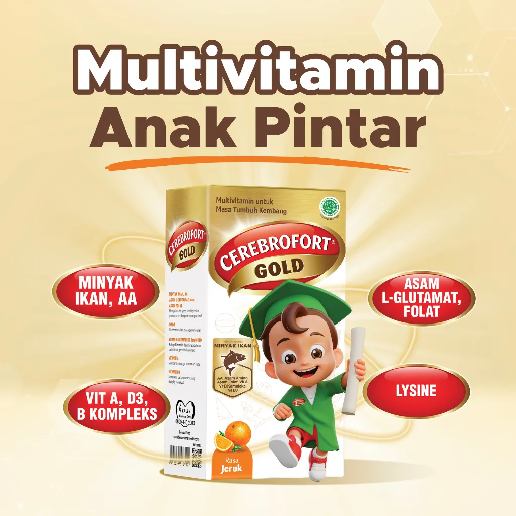 Cerebrofort Gold Orange 200ml – Sirup Suplemen Multivitamin Anak DHA EPA Omega 3 dari Minyak Ikan Tuna untuk Otak & Imunitas