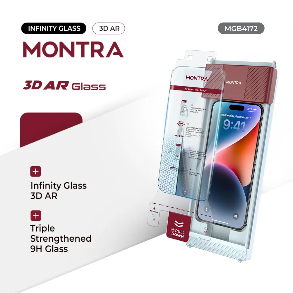 MONTRA Infinity Glass - Tempered Glass 3D AR/ 3D Clear for iPhone 17 16 Pro Series with 0.25mm Curved 9H Oleoshield Technology -50