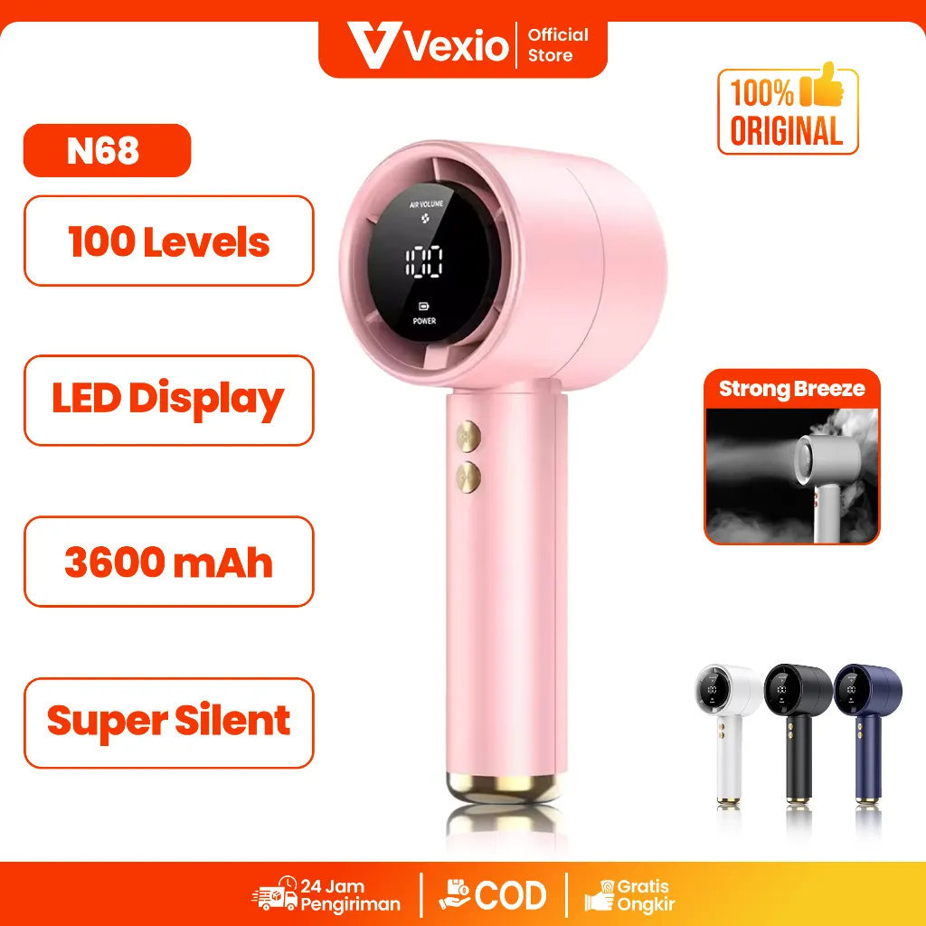 VEXIO N68 Smart Digital Mini Fan Kipas Angin Portable Elegan dengan 100 Tingkat Kecepatan Turbo Wind dan LED Display Pintar Type C Fast Charging