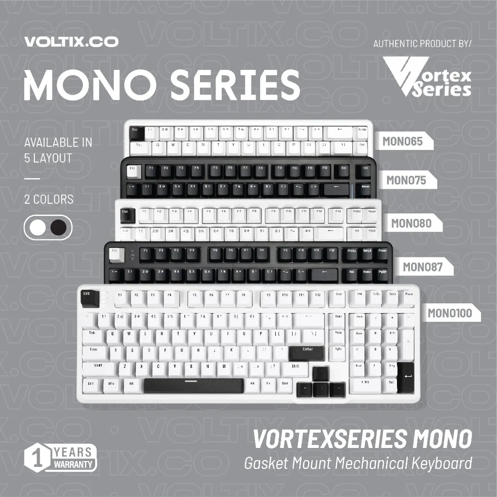 VortexSeries Vortex MONO SERIES V1/V2 Wired Gasket Mount Mechanical Keyboard 65 75 80 87 / TKL 100 Layout | Hotswappable Universal 3 - 5 Pin