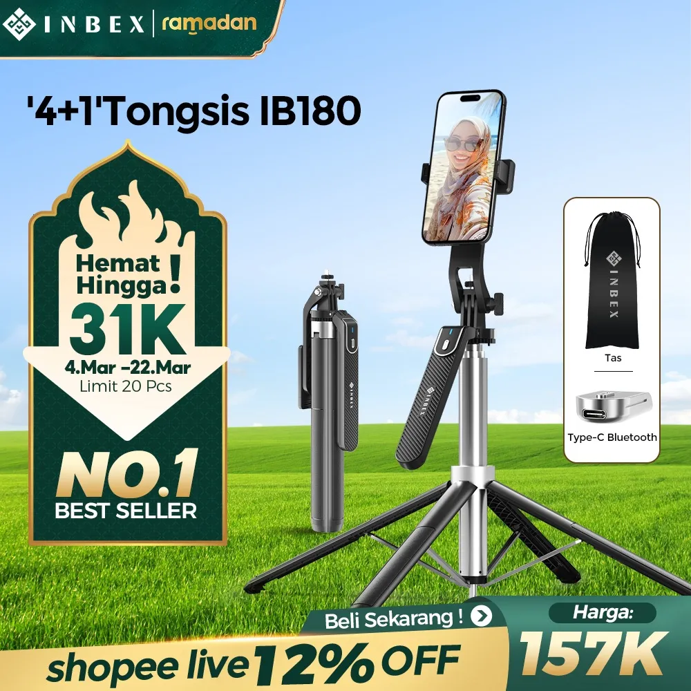 INBEX IB180 '4+1' Tongsis Tripod Bluetooth Quadpod 1.8m tripod konten kreator handphone portable Fill light Selfie Stick Bluetooth Tongsis