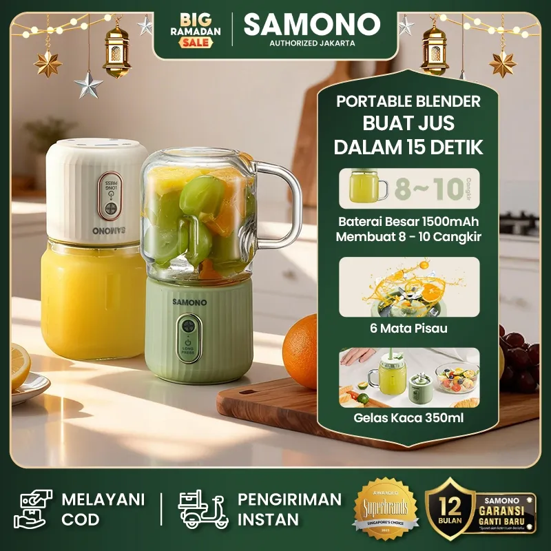 SAMONO Blender Portable 350ml Juicer Jus Mini Elektrik 6 Mata Pisau Stainless Steel Food Grade Gelas Kaca Tebal Anti Pecah Baterai 1500mAh Rechargeable Cocok untuk Smoothie Jus Buah Garansi 1 Tahun Samono Official Warna Putih Hijau SW-Y5 Plus