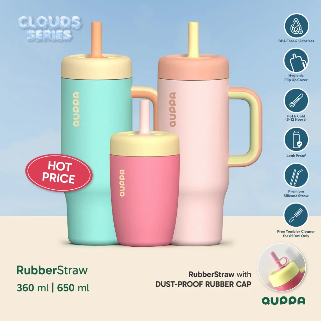 Quppa RubberStraw Tumbler Stainless Steel Bottle Botol Minum Dewasa Anak Thermos Vacuum Insulated BPA Free Food Grade