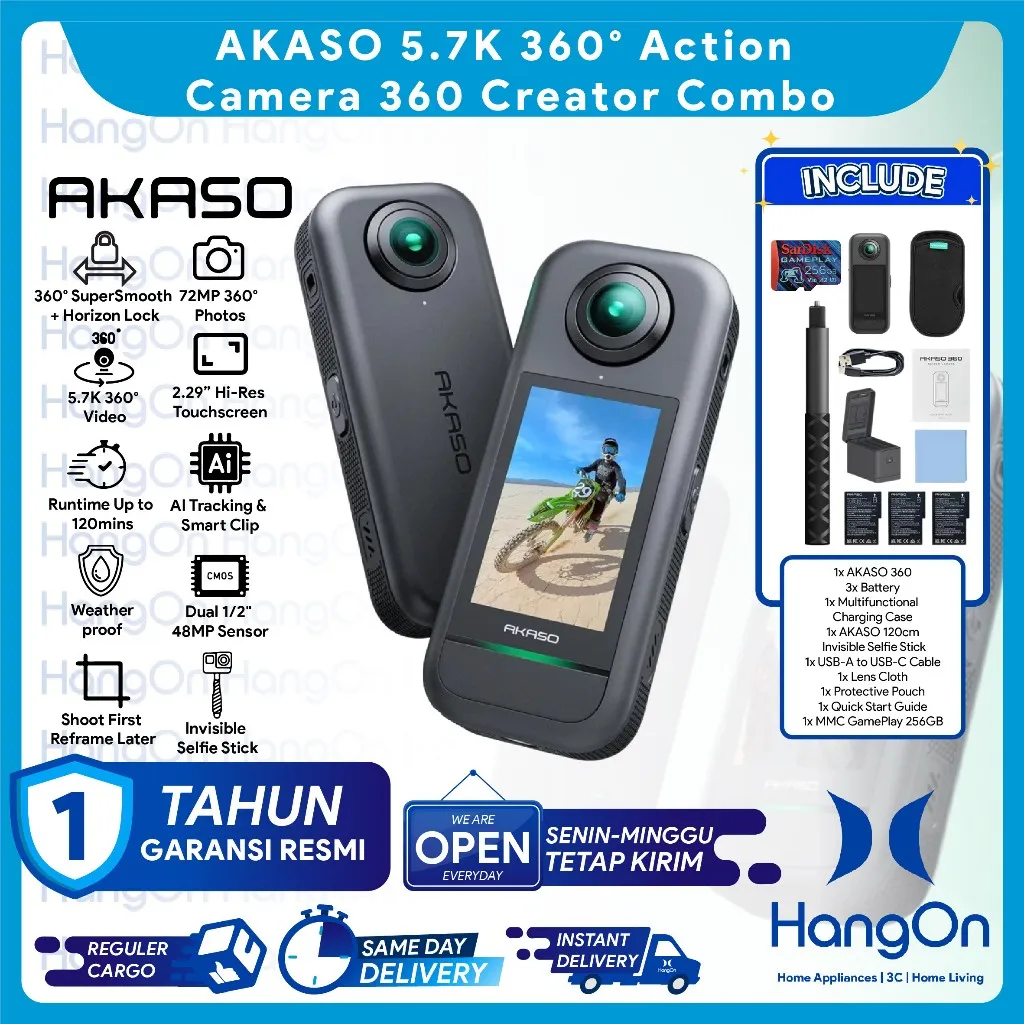 AKASO 360 Action Camera 360° | 5.7K Video | 72MP Photos | Dual 1/2" 48MP Sensors I Invisible Selfie Stick | Horizon Lock | AI Tracking | Smart Clip | Super Smooth | Weatherproof Run Time Up to 12mins Long Runtime Kamera Aksi 360 Degree Waterproof