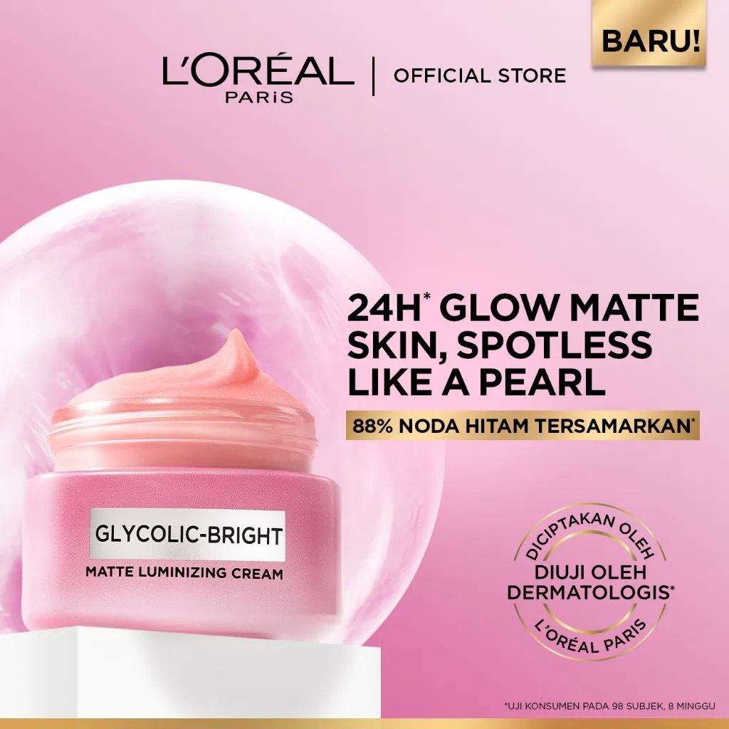 [BARU] L'Oreal Paris Glycolic Bright Matte Luminizing Cream (Moisturizer Anti-Dark Spot Brightening Mencerahkan Glowing Bekas Jerawat Melembapkan Menghidrasi Pelembap Krim