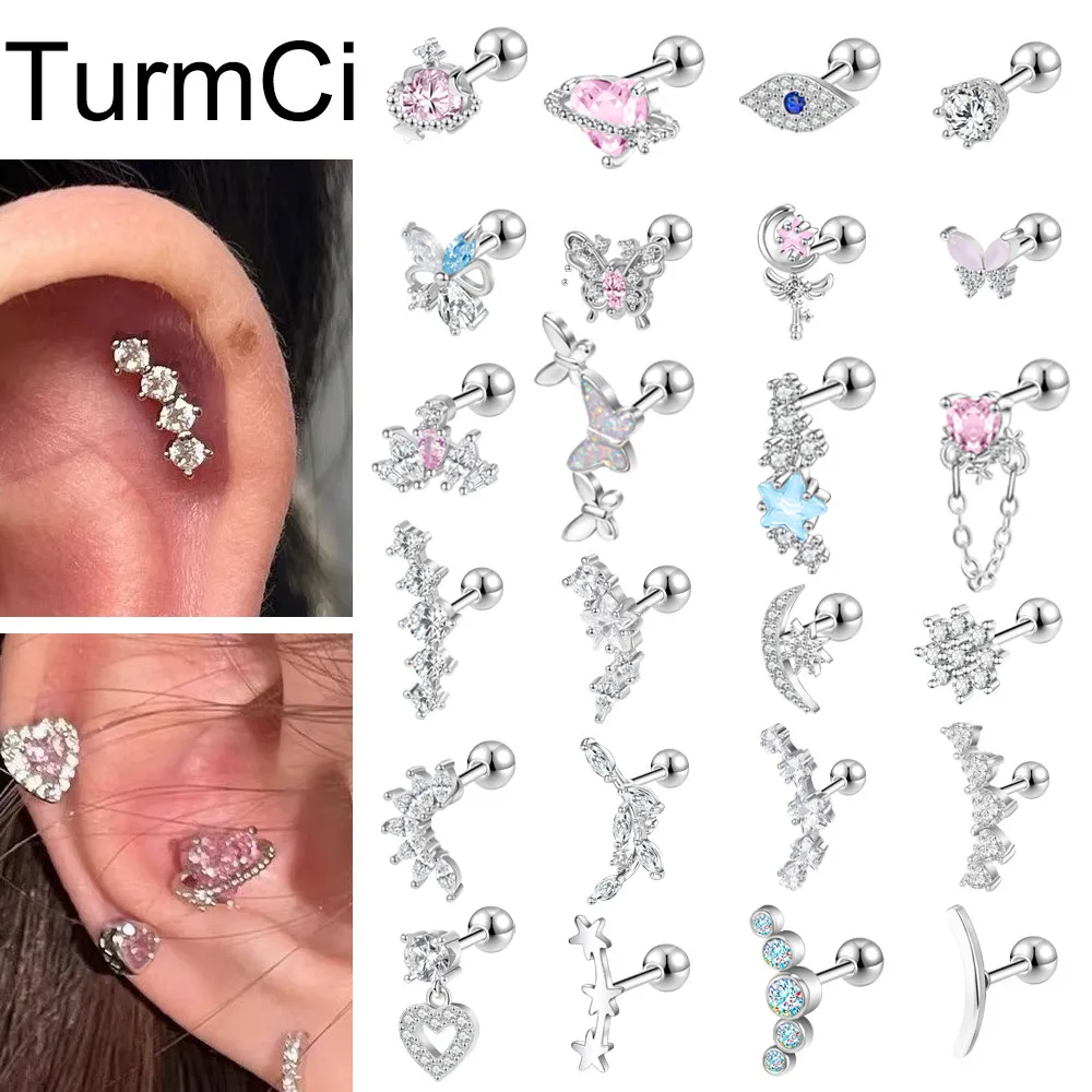 TurmCi 1 Buah 18G Anting Tindik Stainless Steel Ear Studs Moon kupu kupu Helix Conch Cartilage Piercing Earrings 6mm