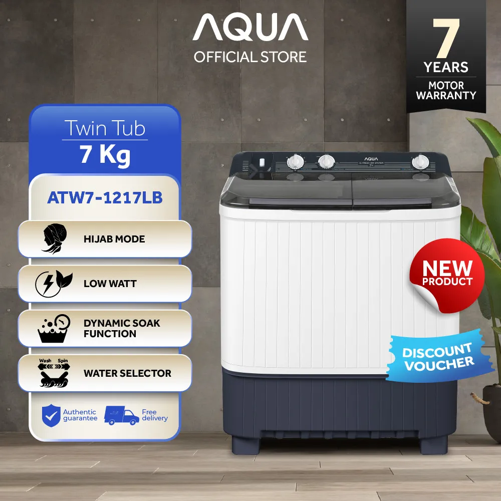 AQUA Elektronik Mesin Cuci 2 Tabung-Twintub (7kg) ATW7-1217LB - Low Watt - Anti Bakteri - Transparent Lid