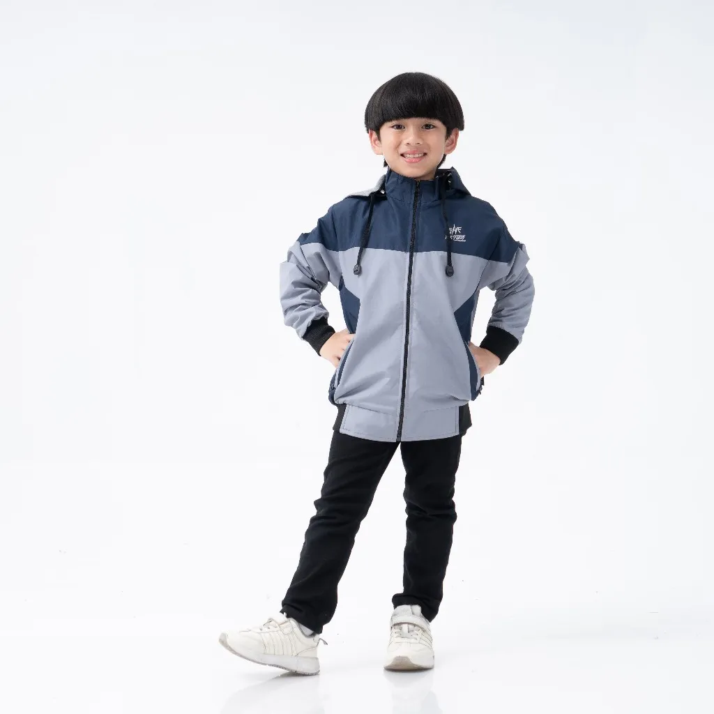 Jaket Bolak Balik Parasut Anak Anti Air Usia 3-14 Tahun Waterproof Windbreaker Bahan Taslan Premium