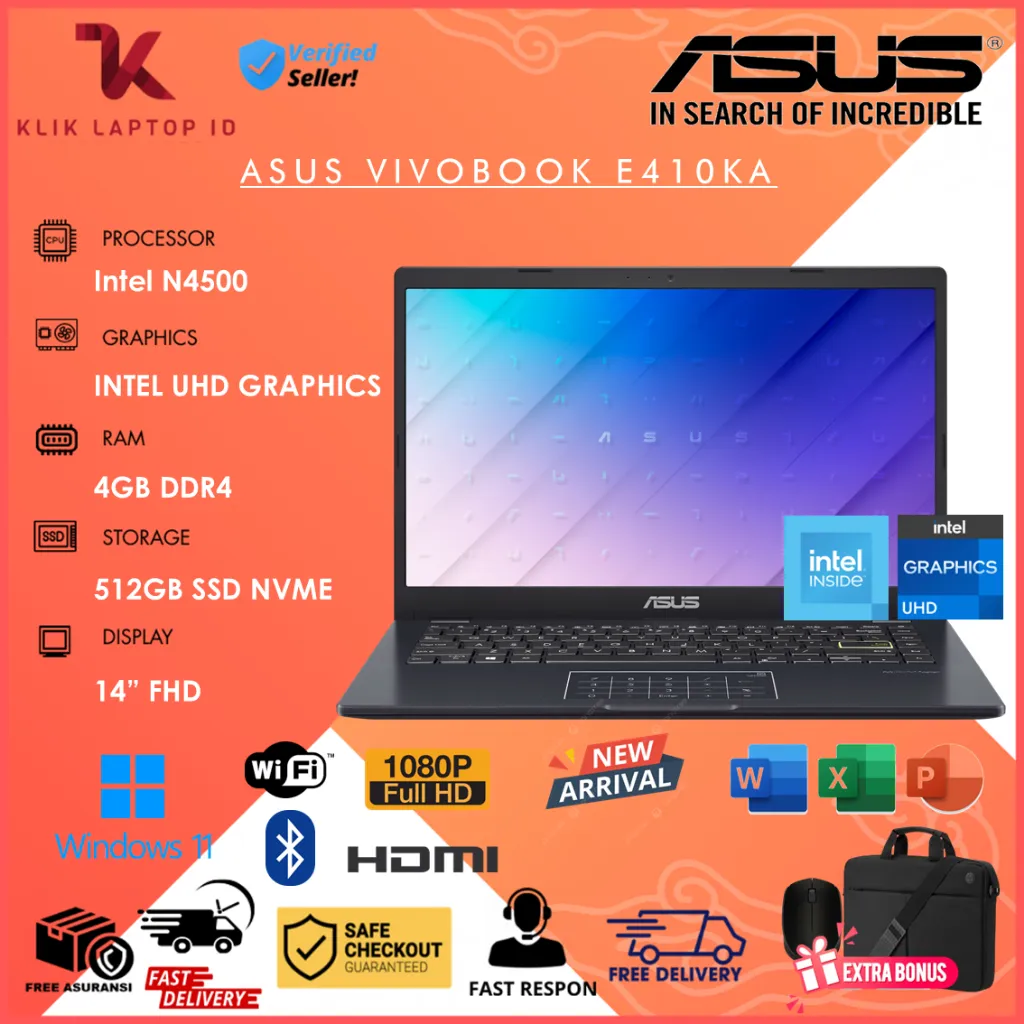 Laptop Baru ASUS VIVOBOOK L410MA Intel N4020 8GB 512GB SSD 14in FHD Win11 Home Termurah