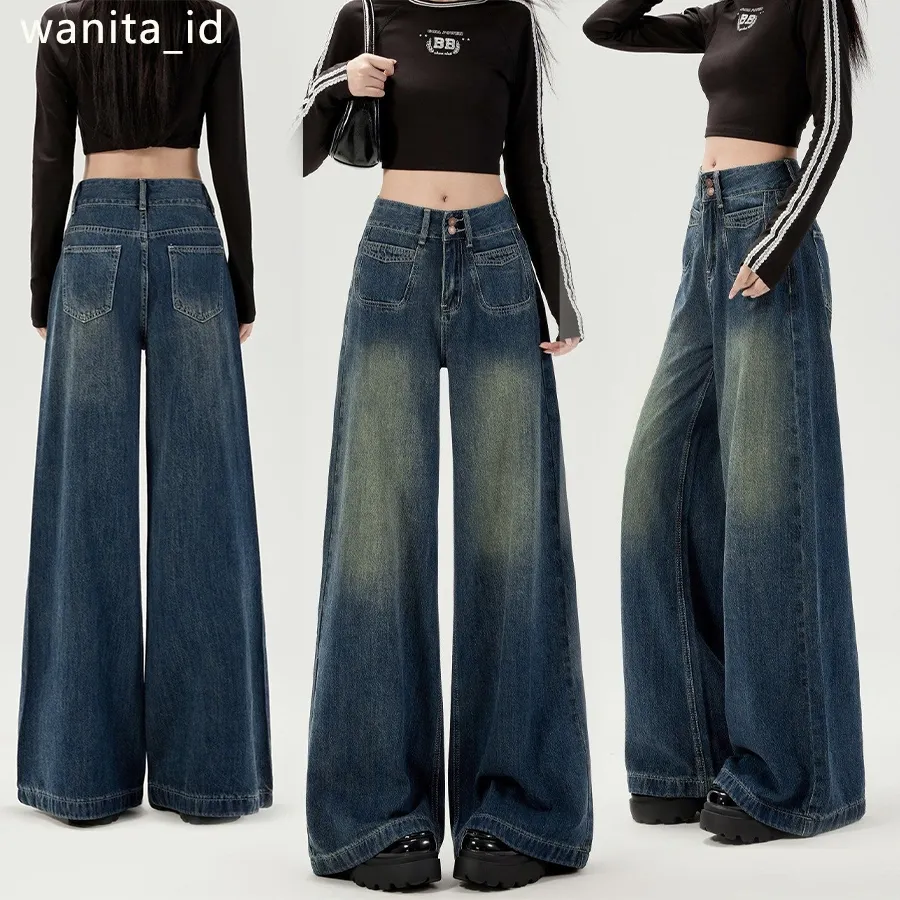 Celana Vintage Jeans Wanita OOTD Loose Jins Celana Jeans Panjang Wanita Celana Denim Kulot Wanita