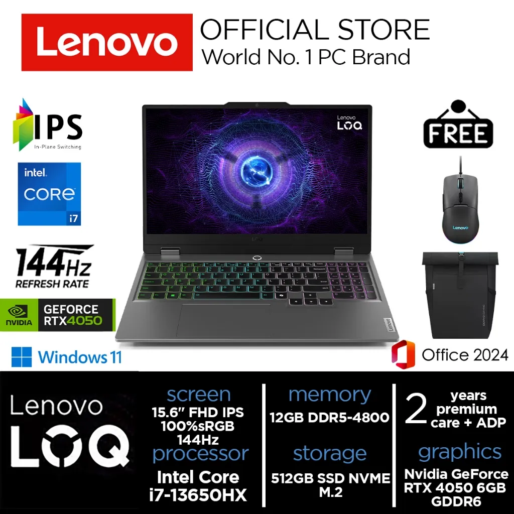 Lenovo LOQ Gaming i7-13650HX RTX4050 512GB SSD 12GB/16GB 144Hz 100%sRGB IPS Win11+OHS