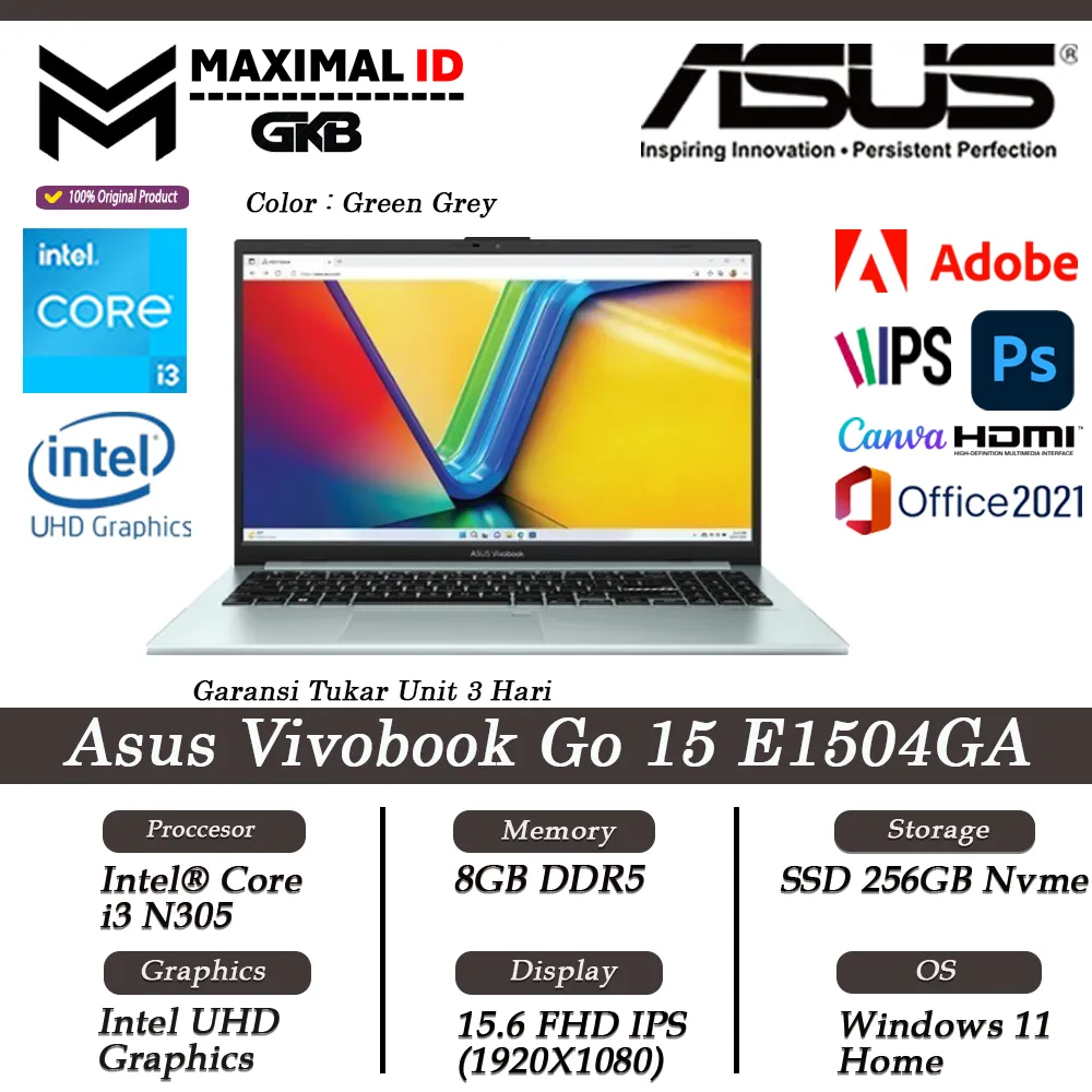 ASUS Vivobook Go 15 E1504GA Intel I3 N305 RAM 8GB 256GB 15.6 FHD IPS Windows11 Ori