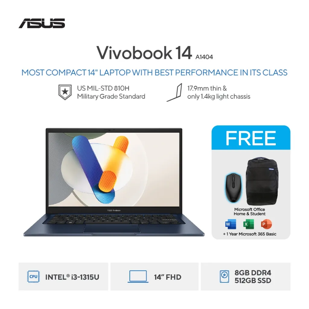 ASUS Vivobook 14 A1404VA i3-1315U 512GB SSD 8GB FHD IPS Win11+OHS