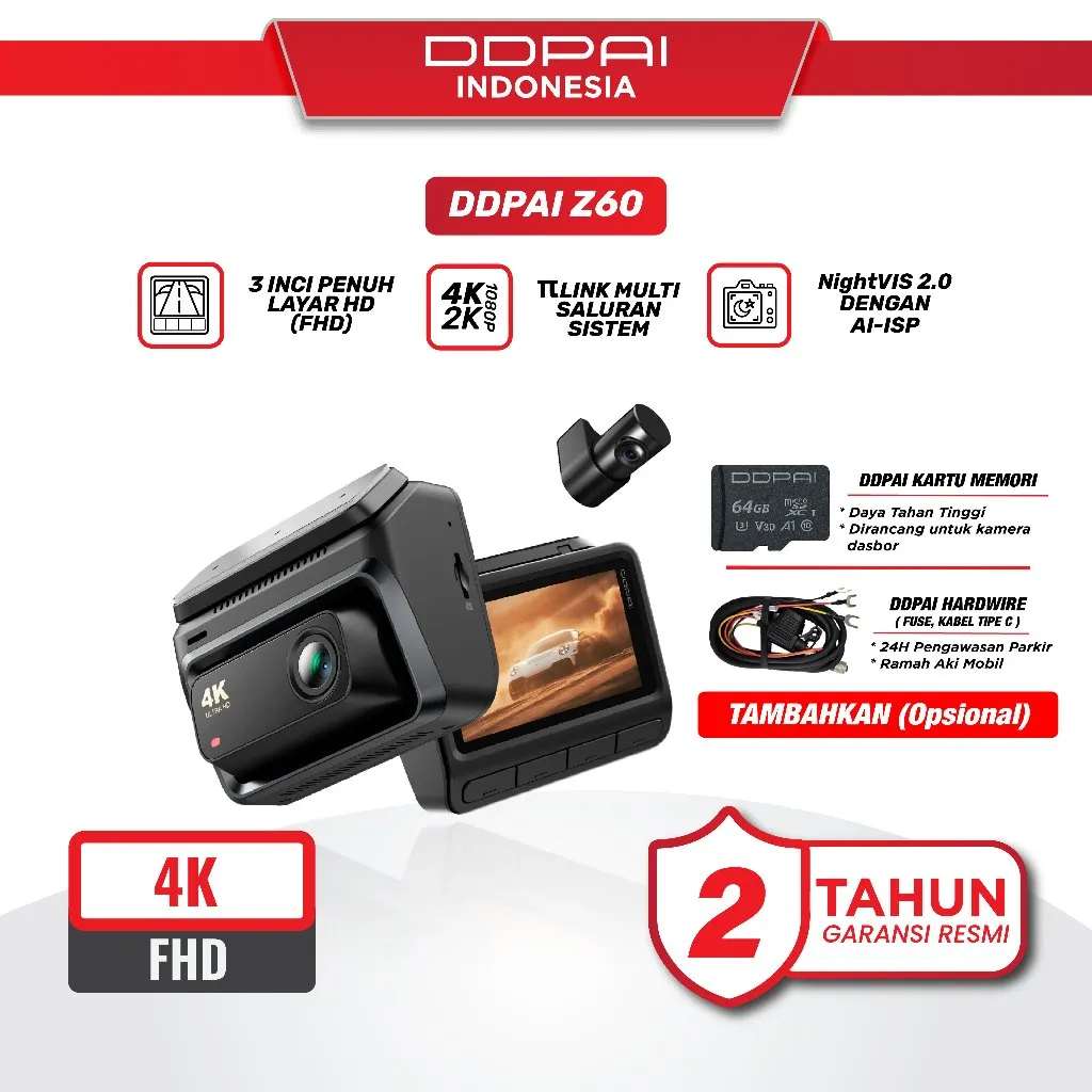 DDPAI Z60 Dual 4K Ultra HD GPS 3 Channel Front 3840& Rear 1920 Super Capacitor Dash Cam with 4G Connectivity Night Vision ADAS Dashcam Mobil