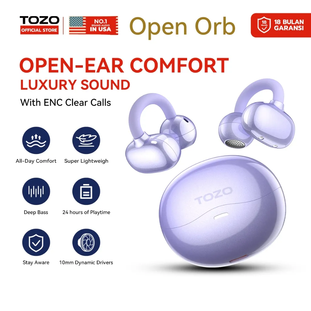 Tozo OpenOrb Open-Ear tws ear clip Earphones Sport Work Headset Ringan 4.9g, Desain Nyaman Sepanjang Hari, 10mm Dynamic Driver, Bass Dalam, ENC Noise Cancellation, 24 Jam Playtime, IPX4, Suara Jernih & Imersif, Charging Case USB-C