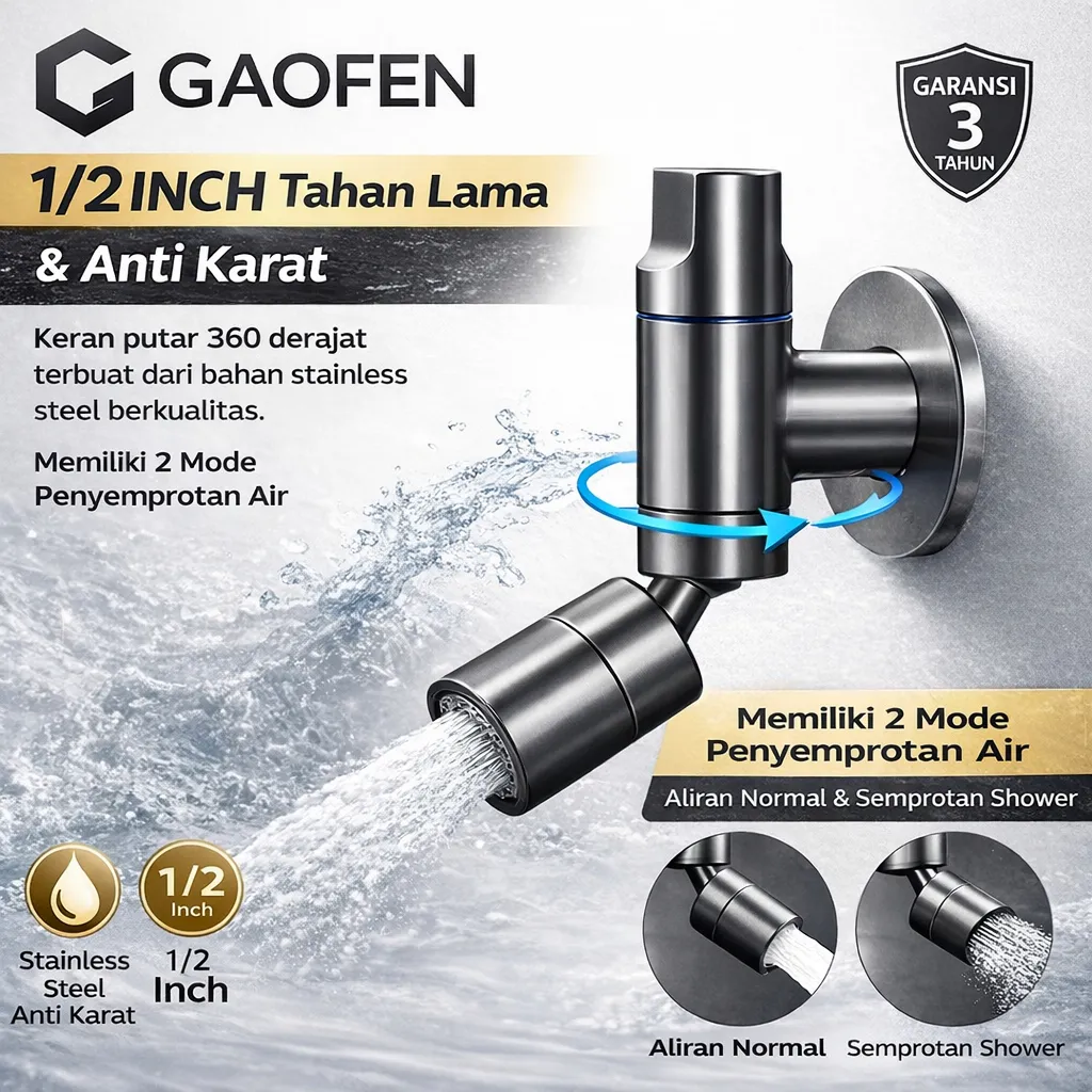 GAOFEN Keran Dinding 360° Putar | Keran Air Stainless | 2 Mode Air | Cocok Mesin Cuci & Dapur