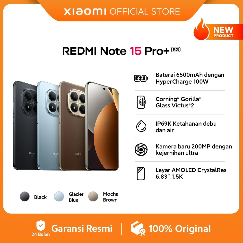 Xiaomi Redmi Note 15 Pro+ 5G (8/256 GB) (12/512 GB) | Baterai 6500mAh dengan HyperCharge 100W | Corning® Gorilla® Glass Victus® 2 | IP69K Ketahanan debu dan air | Kamera baru 200MP dengan kejernihan ultra | Layar AMOLED CrystalRes 6,83" 1.5K [Xiaomi Offic