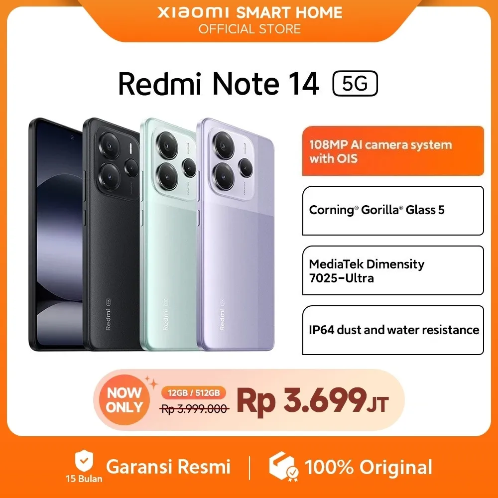 Xiaomi Redmi Note 14 5G | 108MP AI camera system with OIS | MediaTek Dimensity 7025 Ultra | Corning Gorilla Glass 5 | IP64 dust and water-resistant [Official Store]