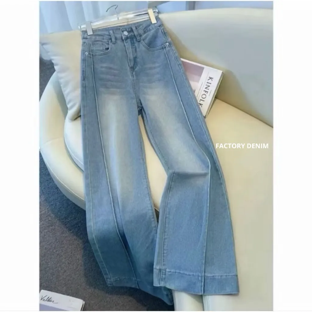 YOYO- New Biru Kekinian Highwaist Kulot Loose Celana Wide Leg Jeans Wanita Korea Style
