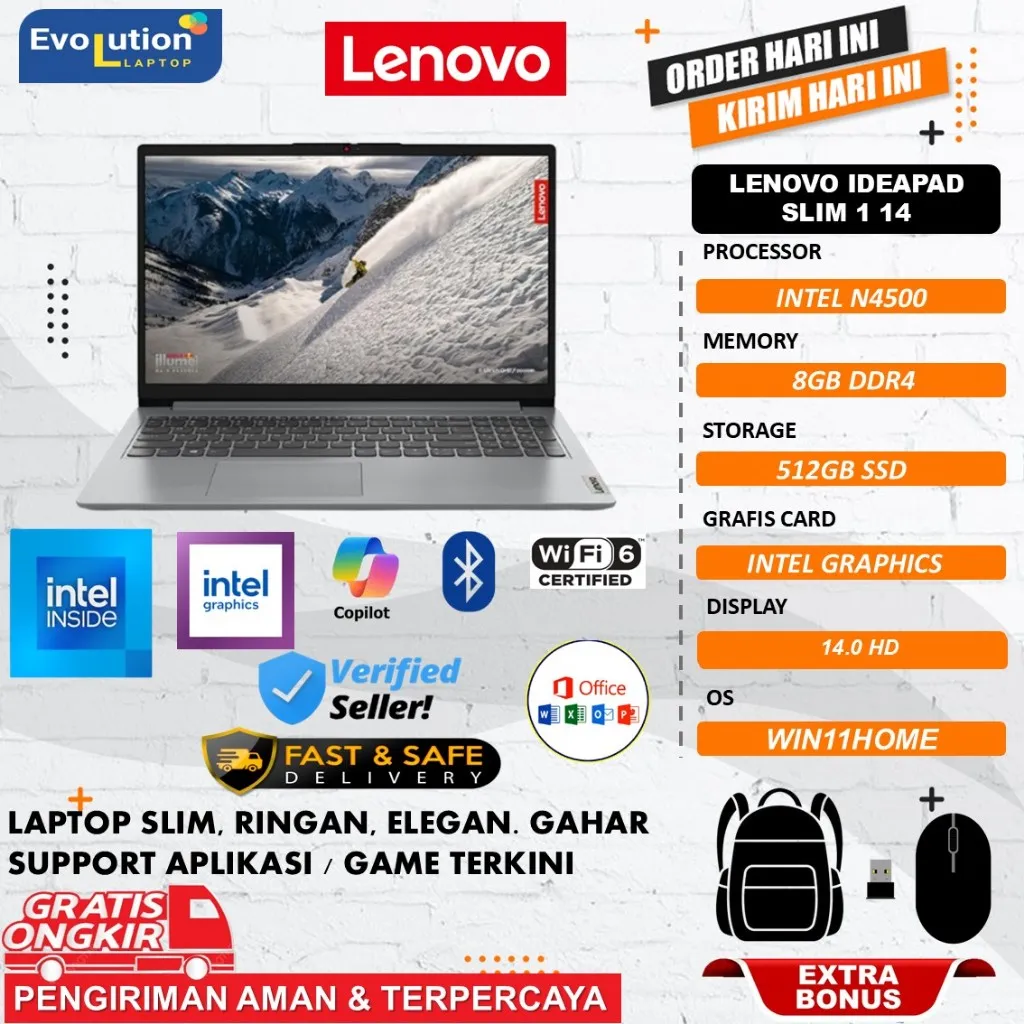 Lenovo Ideapad Slim 1 14 Intel N4500 16GB 512GB SSD 14.0 HD Windows 11 Home Original