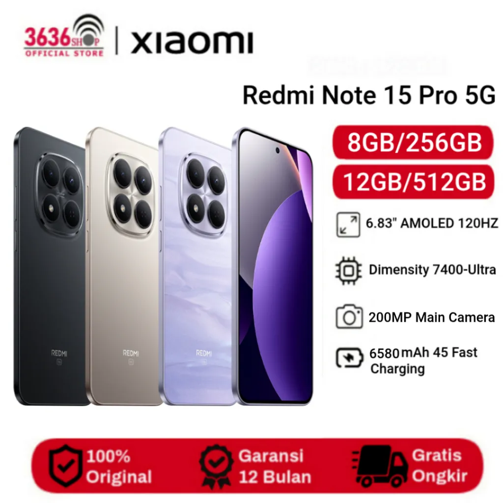 Xiaomi Redmi Note 15 Pro 5G [8GB+256GB] [12GB+512GB] Display AMOLED 6,83'' - Dimensity 7400 Ultra - 200MP Camera - 6580mAh - Garansi Resmi 1 Tahun