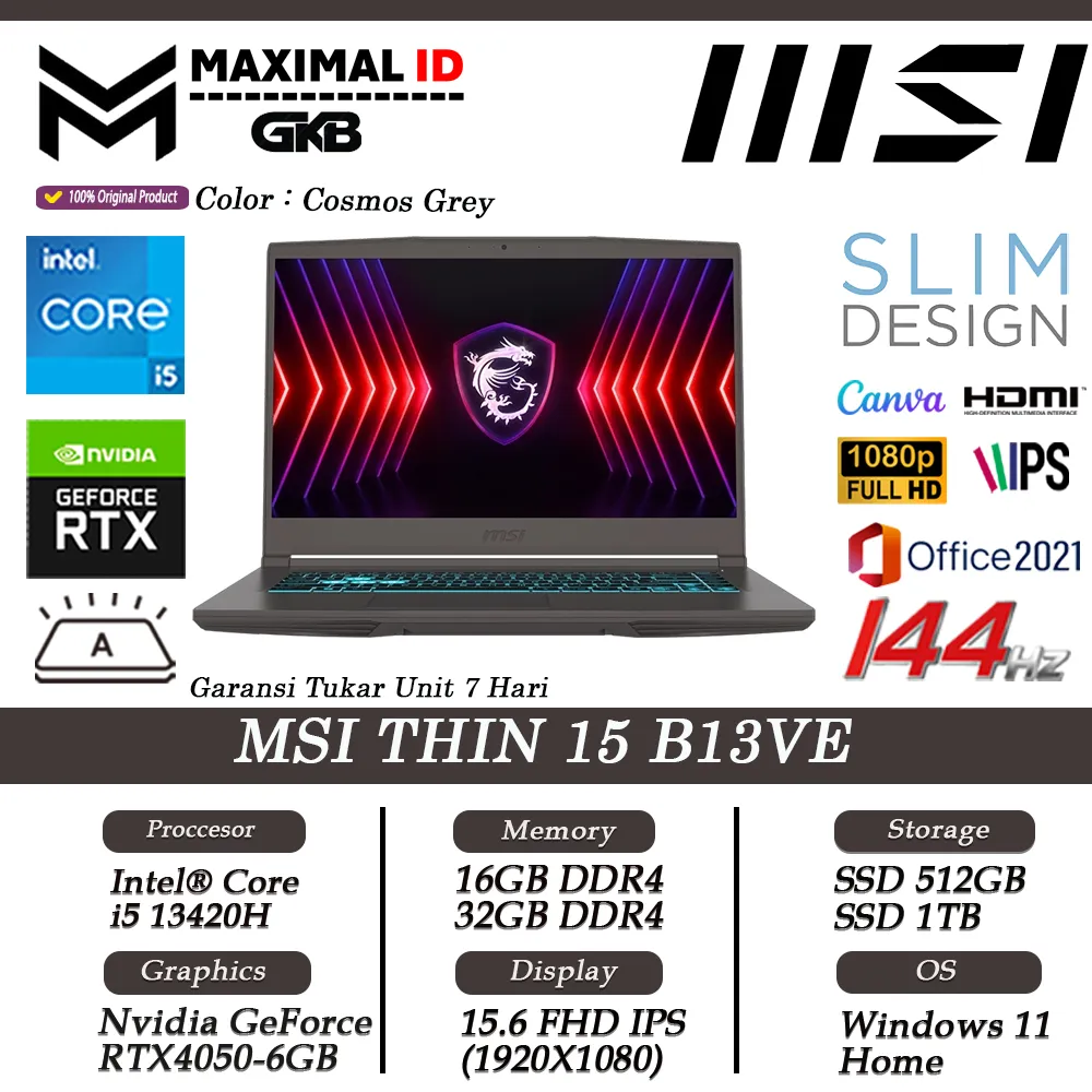 Laptop Gaming MSI THIN 15 B13VE RTX4050 Intel i5 13420H RAM 32GB 1TB SSD 15.6 FHD IPS 144Hz Win11