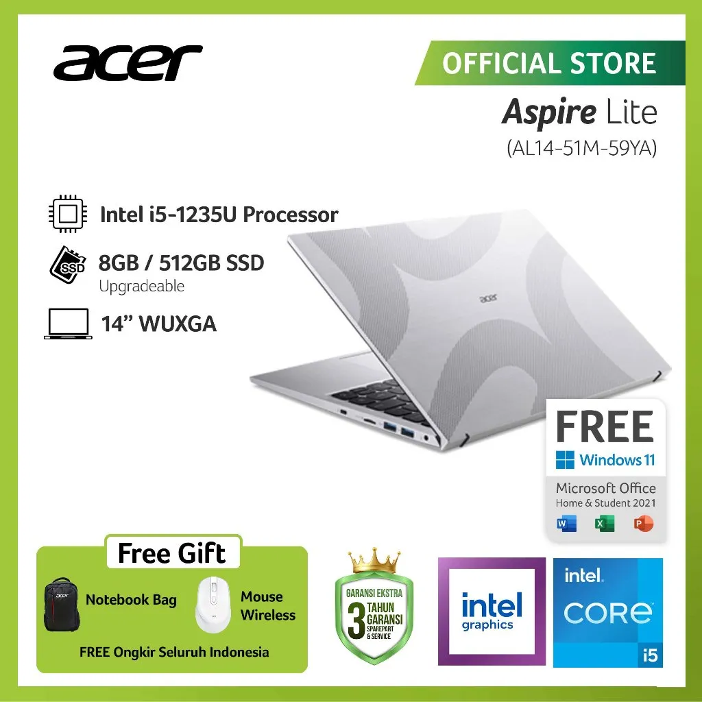 (FREE WIRELESS MOUSE) ACER LAPTOP ASPIRE LITE AL14-51M-59YA 14" WUXGA IPS INTEL CORE I5-1235U RAM 8GB STORAGE 512GB SSD INTEL UHD GRAPHICS WINDOWS 11